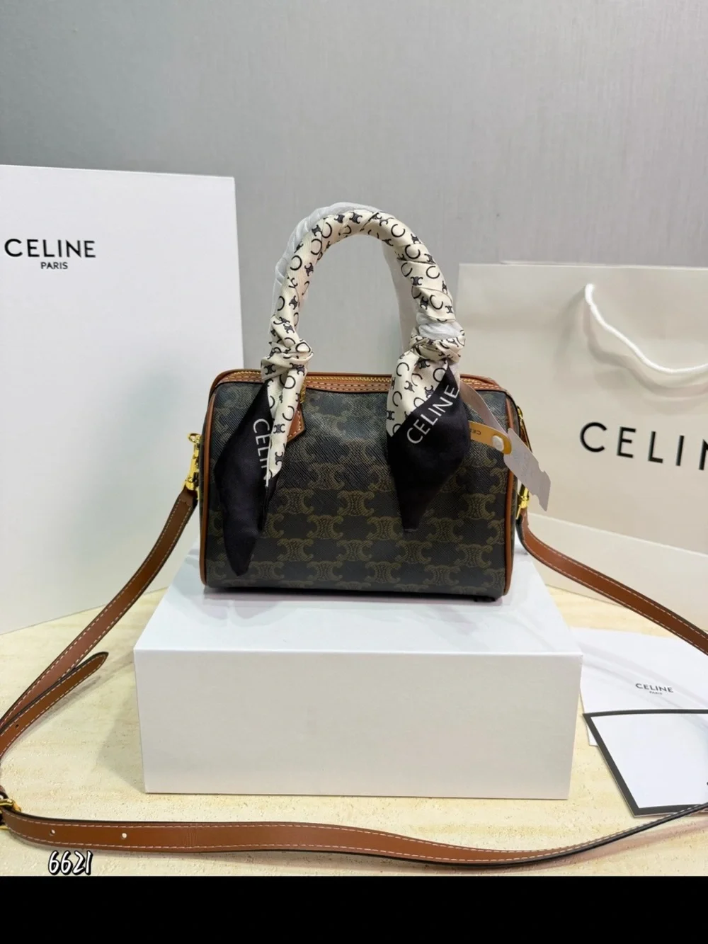 Celine Brown Triomphe Mini Satchel with Logo Scarf Wrap